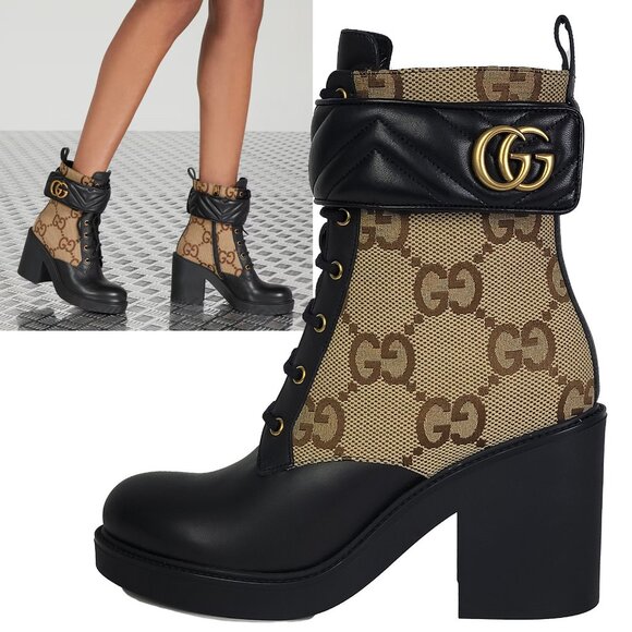 GUCCI BOOTS TRIP GG CANVAS AND LEATHER COMBAT ANKLE BOOTIES sz 41 11 - Picture 1 of 16